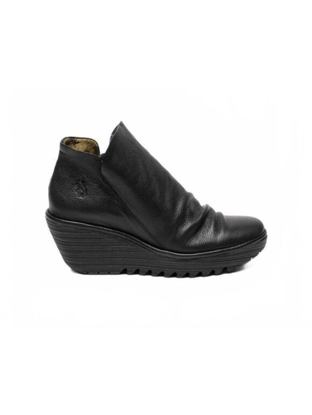 FLY London Yip Black Mousse Leather Ruched Wedge Platform Ankle Boots EU 39